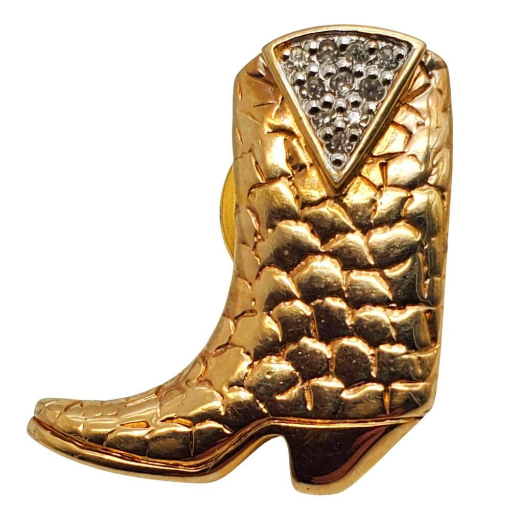 Panetta Boot Pin Cowboy Cowgirl Gold Tone Crystal Tie Tack Vintage 80s Jewelry